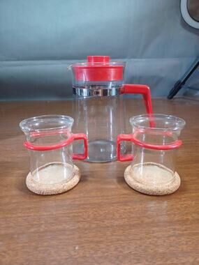 Pyrex French Coffee Pot And Cups Set Red With Hot Coasters